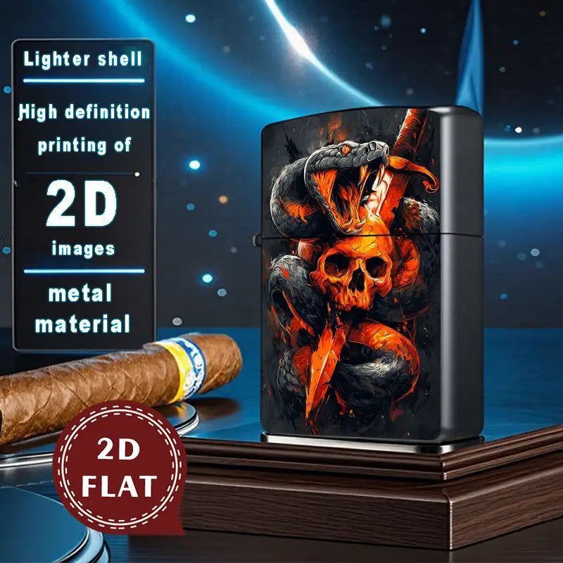 2D Flat Fiery Snake with Skull Art Retro Lighter Shell,