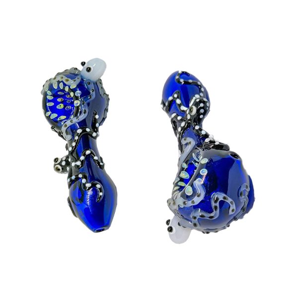 4″ Blue Glass Hand Pipe with Black & White Octopus Design